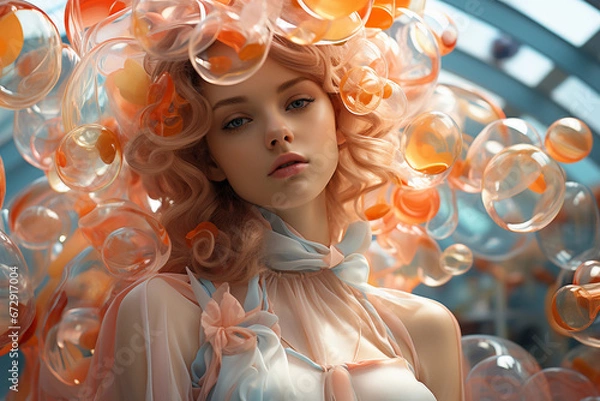 Obraz A beautiful girl surrounded by numerous soap bubbles . Generative AI.