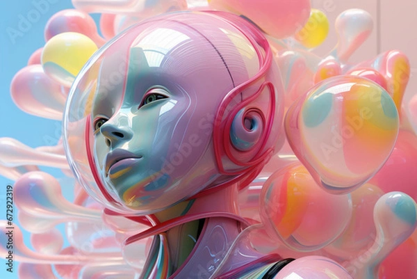 Obraz Robot girl, background made of plastic figures and liquids in pastel colors. AI Generative