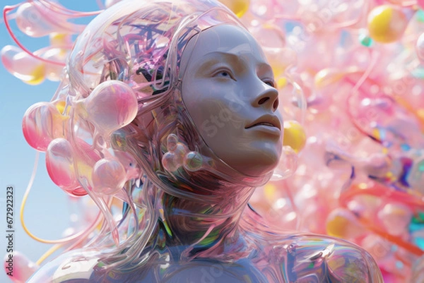 Obraz Woman robot, future, background made of plastic bubbles and liquids in pastel colors