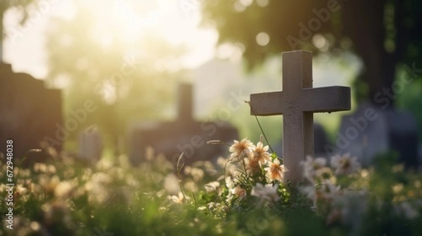 Fototapeta A solemn Catholic cemetery with a grave marker and cross engraved on it, set against a softly blurred background. Funeral concept