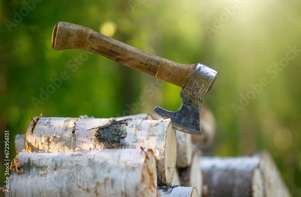 Fototapeta Stick an axe with a wooden handle into birch logs.Chopping firewood on a hike.Harvesting of firewood.