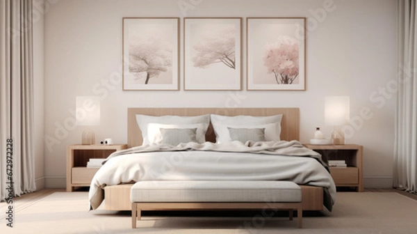 Fototapeta an inviting bedroom with a king-sized bed and a wooden dresser and several framed prints of artwork on the wall