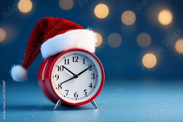 Fototapeta Christmas time. Red alarm clock with santa hat on Blue Background. Christmas sales, countdown to the New Year