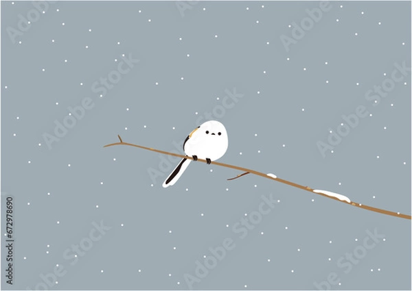Fototapeta 雪が降る中、枝に止まる可愛いシマエナガのイラスト