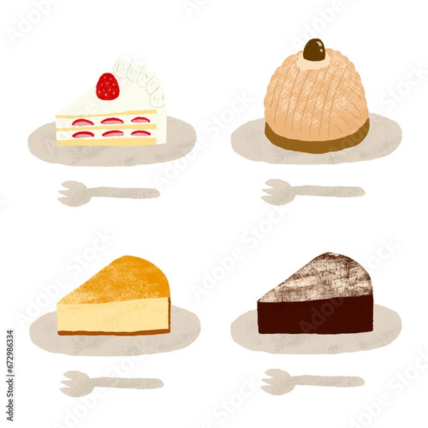 Fototapeta 水彩手描き　いろんなケーキのセット　お皿とフォークのセット