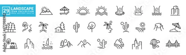 Fototapeta Collection of natural landscapes icon, mountains, waterfalls, beaches, bridges, editable and resizable vector EPS 10.