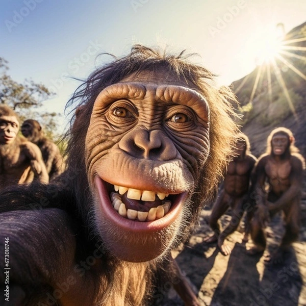Fototapeta Monkey taking a selfie on a sunny day, AI-generated.