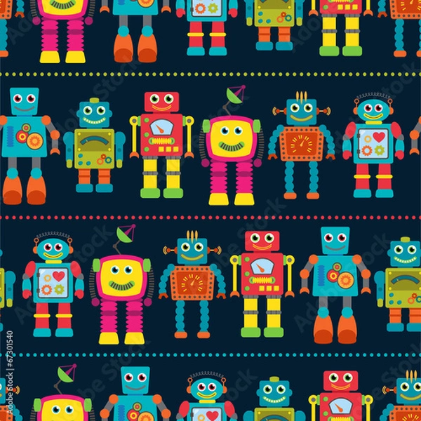 Fototapeta Seamless Tileable Vector Background Pattern with Cute Robots