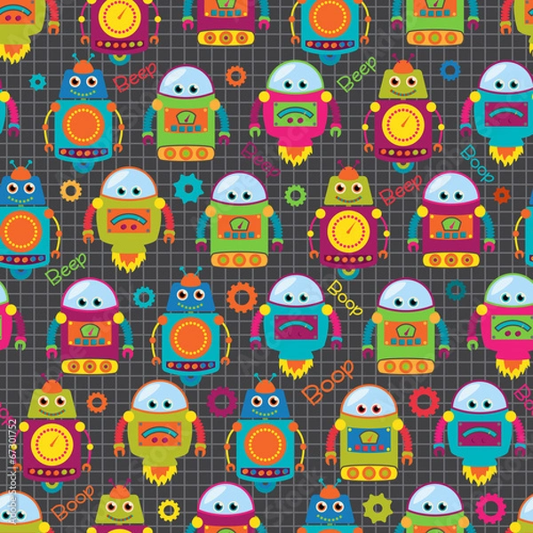 Fototapeta Seamless Tileable Vector Background Pattern with Cute Robots