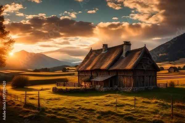 Fototapeta Medieval farm house in sunset at rural country side with clouds and mountains