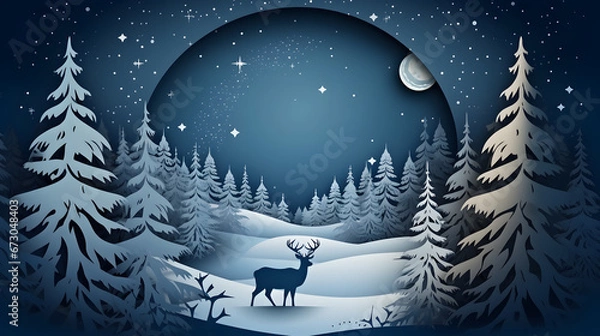 Fototapeta paper cut christmas with house tree reindeer and and moon on white snow winter background