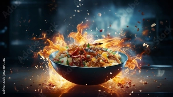 Obraz Capturing the frozen motion of a wok pan as it tosses ingredients into the air, surrounded by blazing fire flames. This image vividly portrays culinary dynamism and fiery cooking action