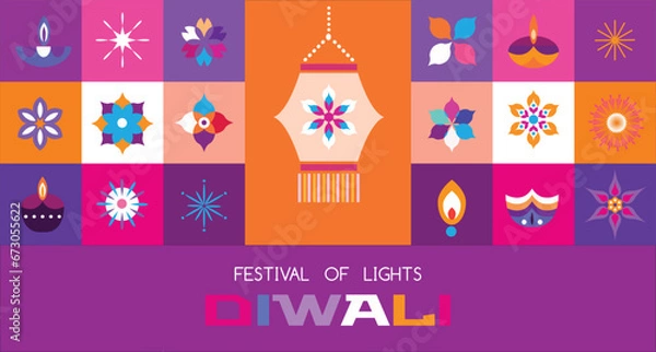 Obraz Traditional Indian festival Diwali. Happy Festival of lights Deepavali Template set icons for greeting card Festive Burning diya graphic design background Vector abstract flat illustration