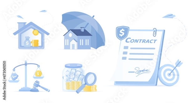 Fototapeta Collection of contract property concept and signature. Isolated scene, contract, legal documents, home insurance, saving money to buy a house. Flat vector design illustration.