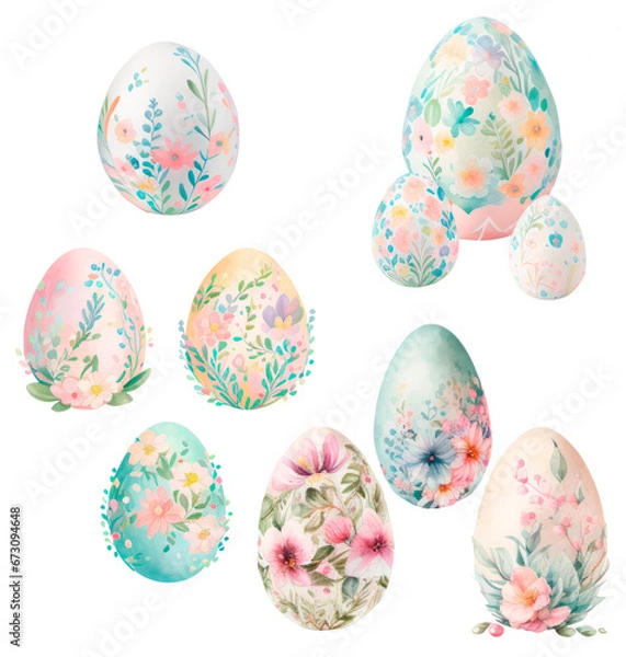 Fototapeta Floral spring templates with cute flowers and painted eggs. For romantic and easter design, announcements, greeting cards, posters, advertisement. Digital paper, easter wreath file
