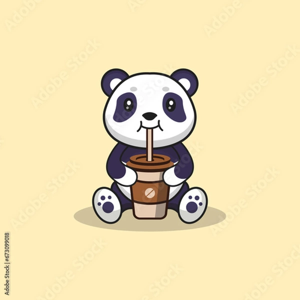 Obraz Cute Panda drinking coffee cartoon vector flat illustration concept isolated