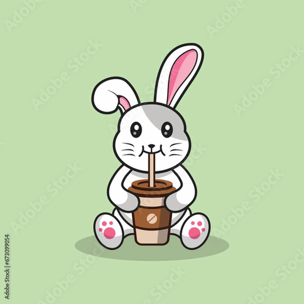 Obraz Cute rabbit drinking coffee cartoon vector flat illustration concept isolated