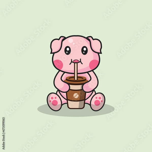 Obraz Cute pig drinking coffee cartoon vector flat illustration concept isolated