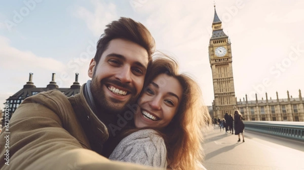 Fototapeta copy space, stockphoto, young couple taking a selfie against the background of London's Big Ben. Happy cheerful couple taking a selfie on a city trip in london. Famous must-see landmark. Travel concep