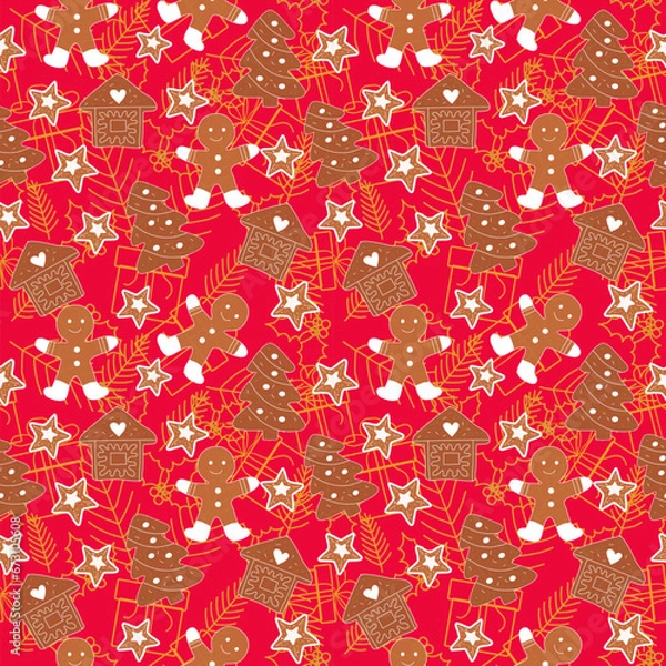 Fototapeta Seamless Christmas pattern cookies, gingerbreads, Christmas tree and snowflakes, red background.
