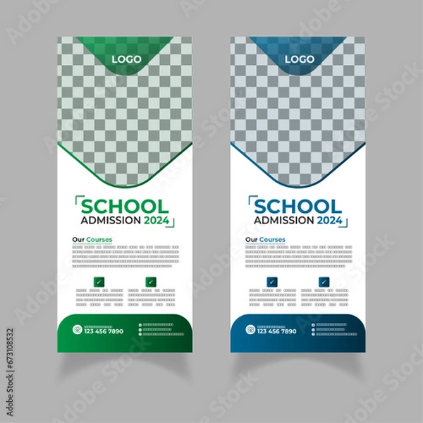 Fototapeta School admission 2024 Roll up banner design template | Greeen and Blue banner layout, advertisement, rollup, display, flag-banner, infographics, presentation | Gradients