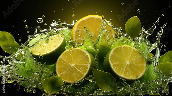 Fototapeta Little Lime with Splash of Juice and Leaves Background Defocused
