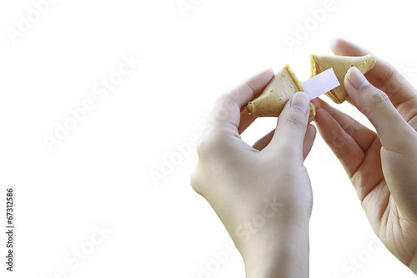 Fototapeta Womans Hands Open a Fortune Cookie