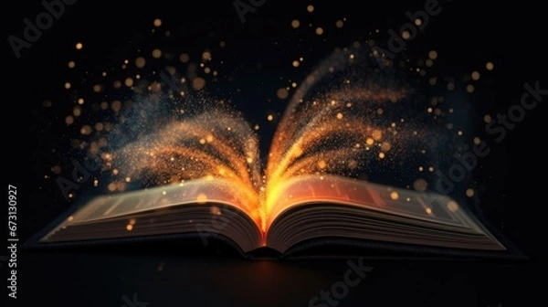 Fototapeta A book on a black background with glowing pages. The book has shiny pages. Children's literature. Books about magic