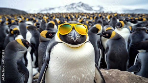 Fototapeta Stand out concept. Penguin in yellow sunglasses against the backdrop of penguin colony