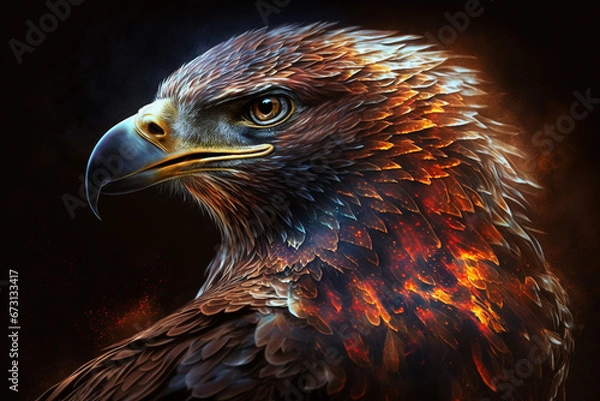 Obraz A captivating illustration of an eagle engulfed in translucent fire flames, a symbol of power and freedom. Ai generated