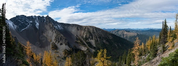 Fototapeta Majestic Golden Pines and Snowy Ridges: A Visual Journey on Manning Park's Frosty Trail
