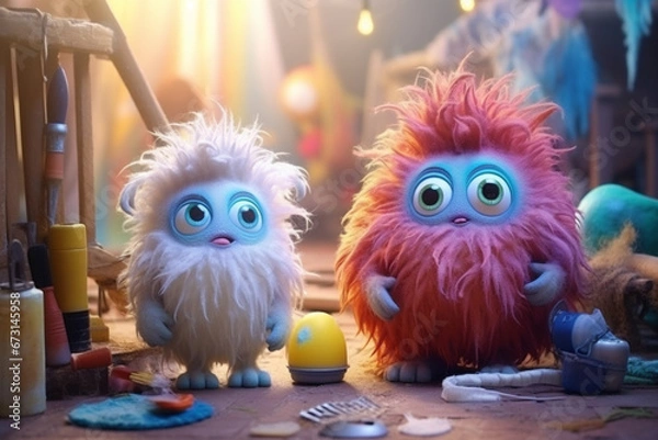 Fototapeta Group of cute little baby alien monsters working and crafting. Colorful monster aliens children in a workshop. Generative AI illustrations	
