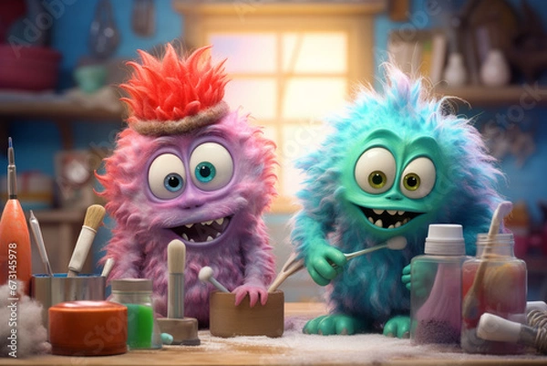 Fototapeta Group of cute little baby alien monsters working and crafting. Colorful monster aliens children in a workshop. Generative AI illustrations	
