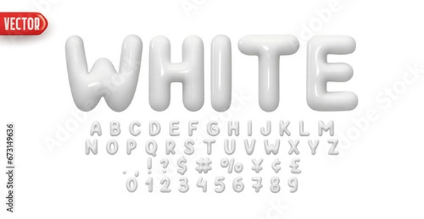 Obraz White Font realistic 3d design. Complete alphabet and numbers from 0 to 9. Collection Glossy letters in cartoon style. Fonts voluminous inflated from balloon. Vector illustration