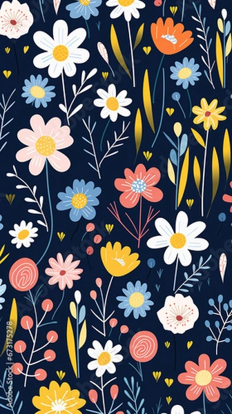 Fototapeta A charming pattern with whimsical and adorable flowers, each represented with clean lines and a limited color palette created with Generative Ai