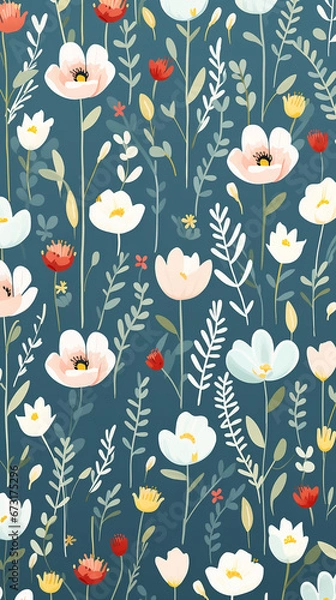 Fototapeta A charming pattern with whimsical and adorable flowers, each represented with clean lines and a limited color palette created with Generative Ai