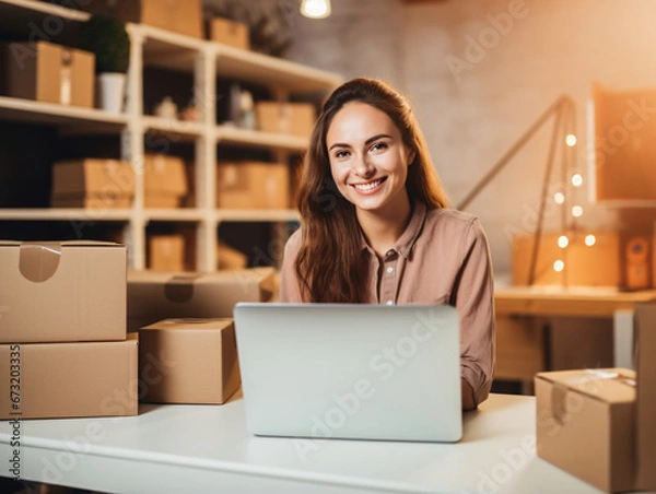 Obraz Confident Young Entrepreneur at Her Startup Workspace with Cardboard Boxes