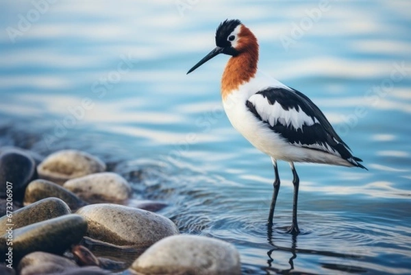 Fototapeta A Majestic Avocet Bird Perched on Serene Water Rocks Created With Generative AI Technology