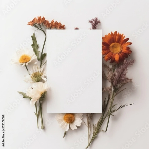 Fototapeta Mockup white blank greeting cards on white background, minimalist wild flowers
