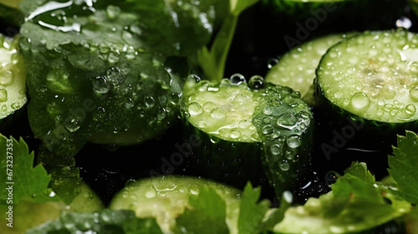 Obraz Water Drops Fresh Organic Whole and Sliced Cucumber on Defocused Background