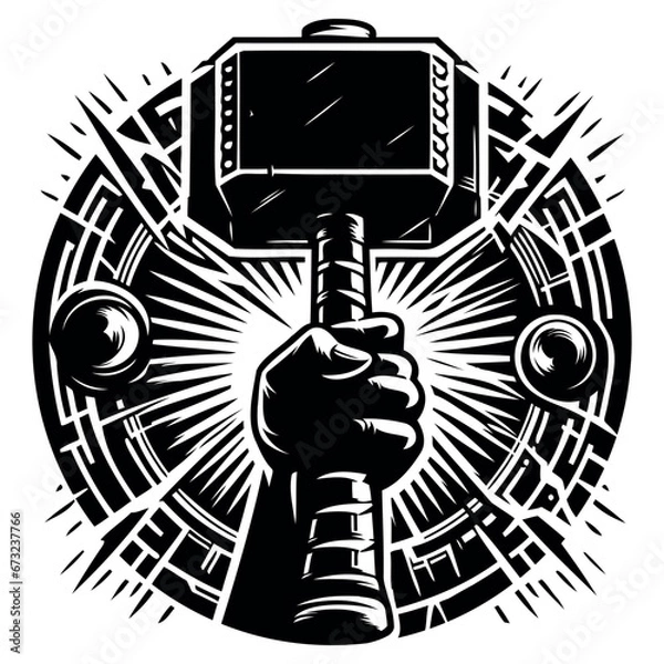 Fototapeta Thor's hammer in the hand of a man, black silhouette on a transparent background, vector for stencil.