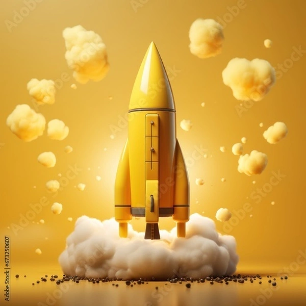Fototapeta A mini rocket taking off outdoors emitting thick smoke is good for technology, business, backgrounds, wallpapers, blogs, advertising, decoration etc. Generative Ai Image