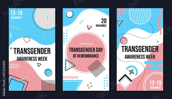 Fototapeta Transgender Awareness Week and Transgender Day of Remembrance. Banner set for social media stories. LGBT community and human rights event in November. Isolated vector collection. Colors of trans flag