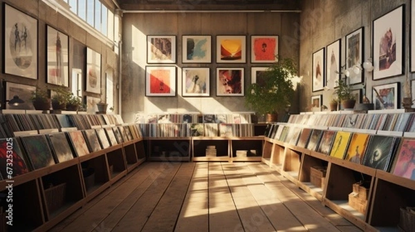 Fototapeta A record store housing vinyl albums, their artwork presented in a visually captivating manner on wooden racks.