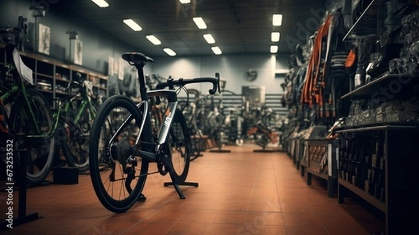 Fototapeta A stationary bike store, bikes aligned as if participating in an unseen race.