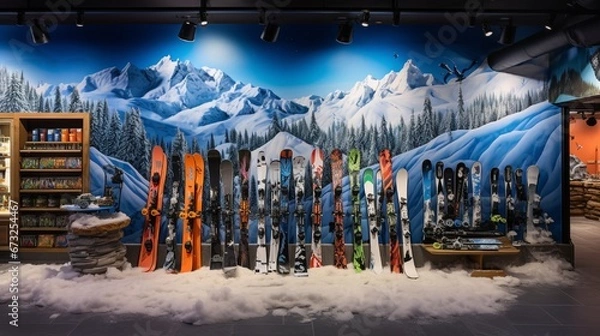 Fototapeta A winter sports store, snowboards and skis artfully leaning against a wall with a mountain mural.
