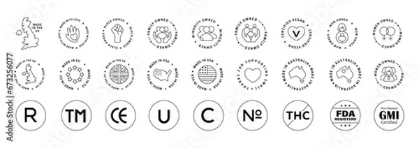 Fototapeta Origin and Regulatory Icons. Includes Made in USA, UK, EU, Australia symbols, and regulatory compliance icons for global standards and transparency