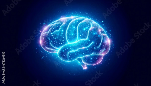 Obraz Human brain with glowing light effect on dark blue background. Generative AI