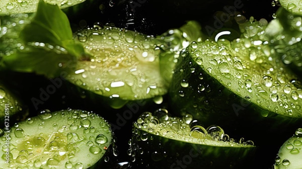 Fototapeta Water Drops Fresh Organic Whole and Sliced Cucumber on Defocused Background