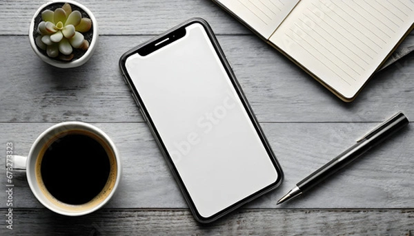 Fototapeta White screen iphone mockup on a desk with a coffee, pen and notebook
